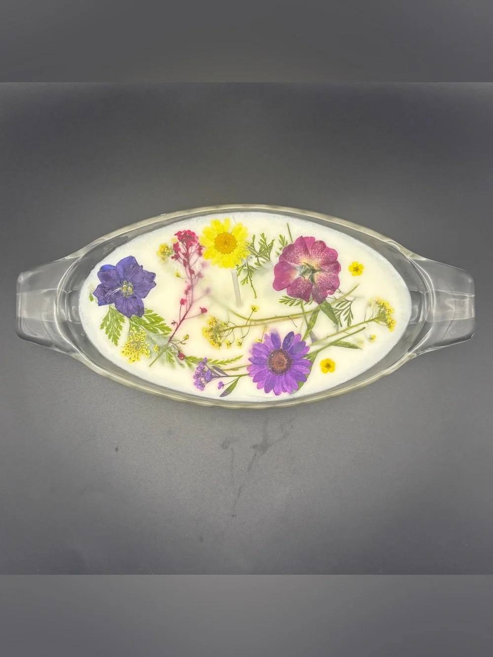 Floral Embedded Soy Candle in Glass Dish - Purple Pink Yellow Flowers